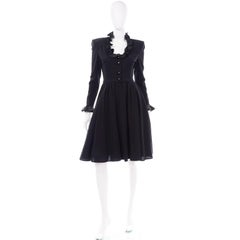 Black Wool Crepe Valentino Vintage Evening Dress With Ruffles and Overskirt