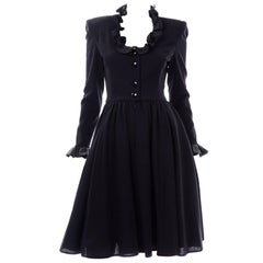 Black Wool Crepe Valentino Vintage Evening Dress With Ruffles and Overskirt