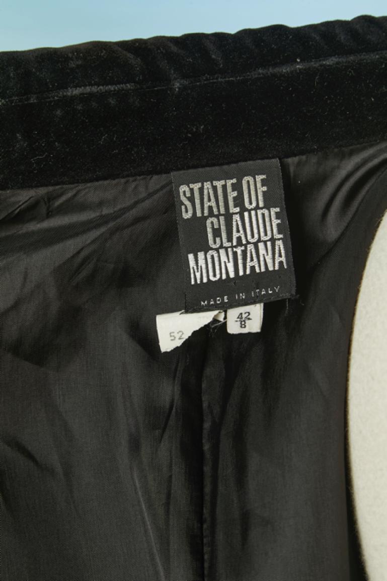 Black wool double-breasted coat with gold passementerie State of Claude Montana For Sale 3