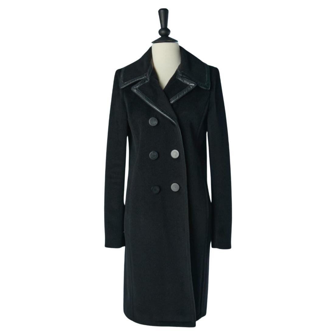 Cappotto doppiopetto in lana nera con profili in pelle BALENCIAGA in vendita