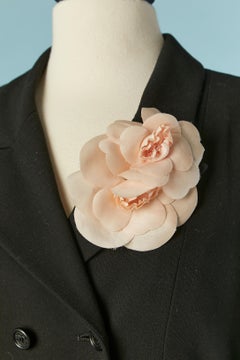 Black wool double-breasted coat with silk Camelia brooches CHANEL Boutique
