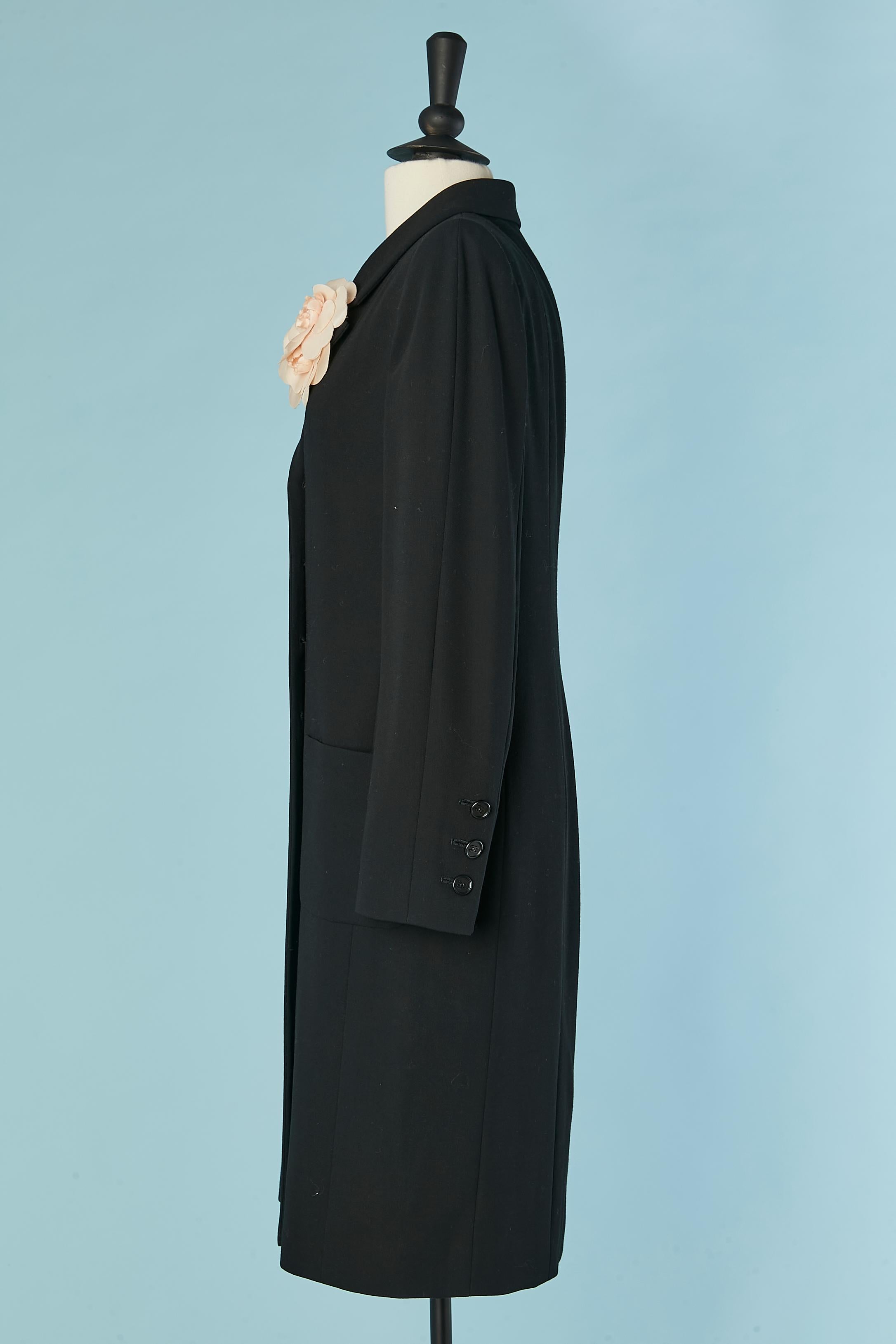 Women's Black wool double-breasted coat with silk Camelia brooches CHANEL Boutique