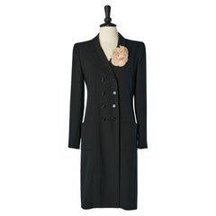 Black wool double-breasted coat with silk Camelia brooches CHANEL Boutique