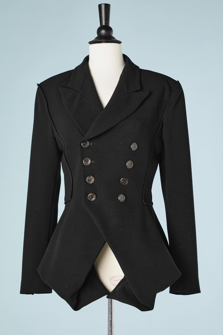 Black wool double - breasted jacket. Burgundy silk lining. Shoulder pad. Cut-work 
SIZE L 