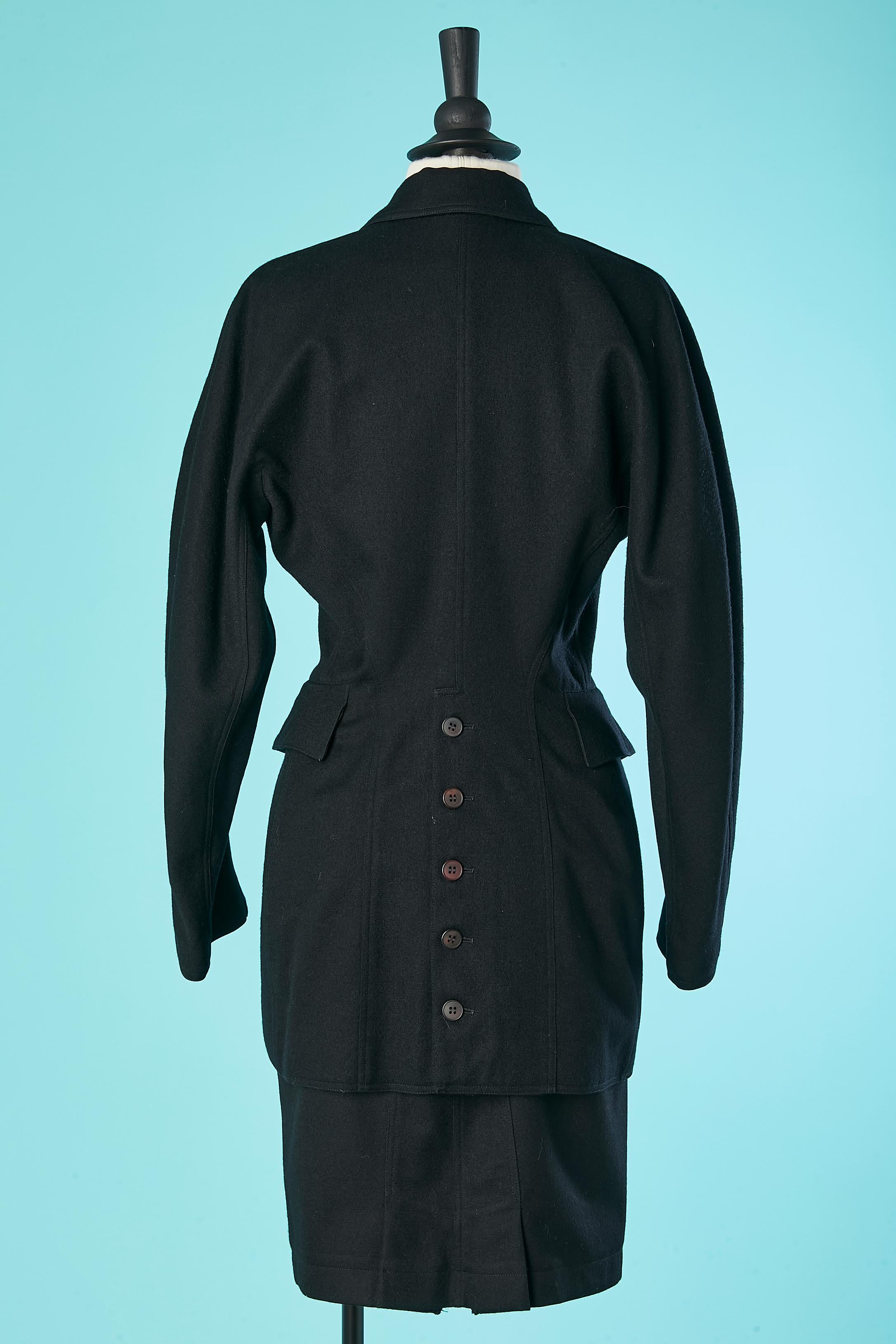 Black wool double breasted skirt suit with cut-work and raglan sleeves Alaia  For Sale 2