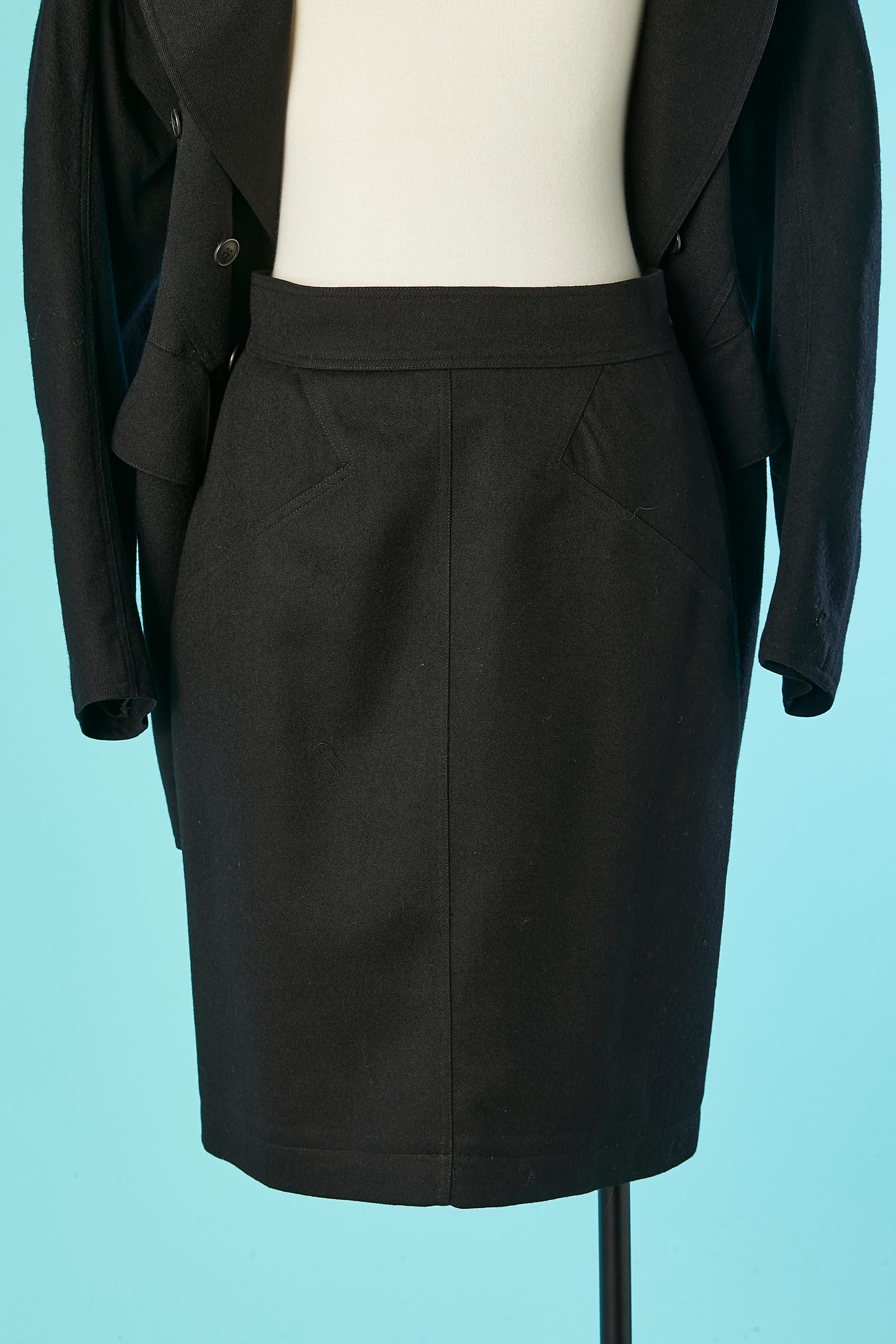 Black wool double breasted skirt suit with cut-work and raglan sleeves Alaia  For Sale 3