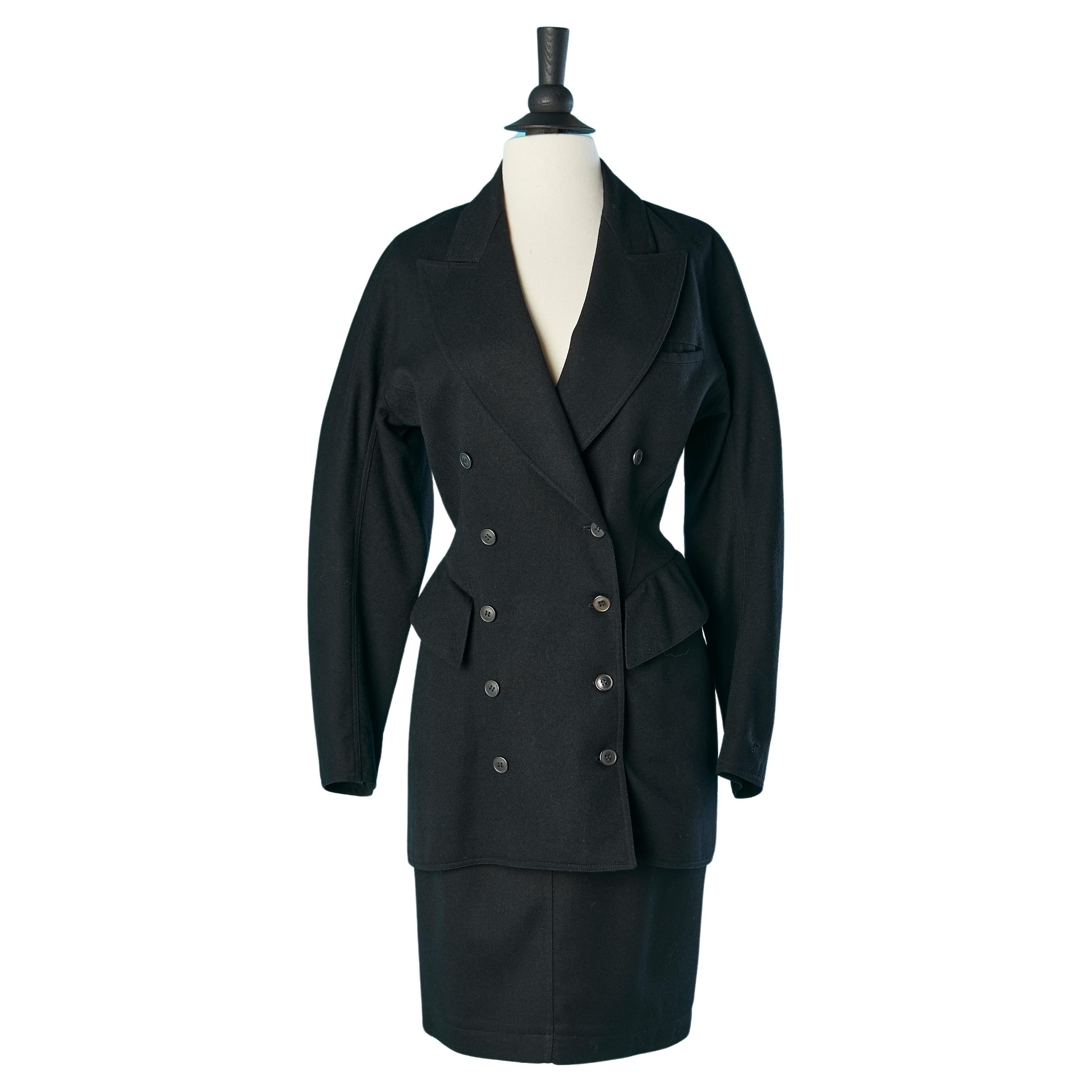 Black wool double breasted skirt suit with cut-work and raglan sleeves Alaia  For Sale