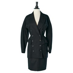 Black wool double breasted skirt suit with cut-work and raglan sleeves Alaia 