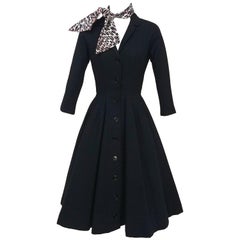 Black Wool Dress with Leopard Print Scarf, 1950s