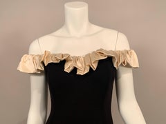Black Wool Dress with Off the Shoulder Cream Satin Ruffled Neckline