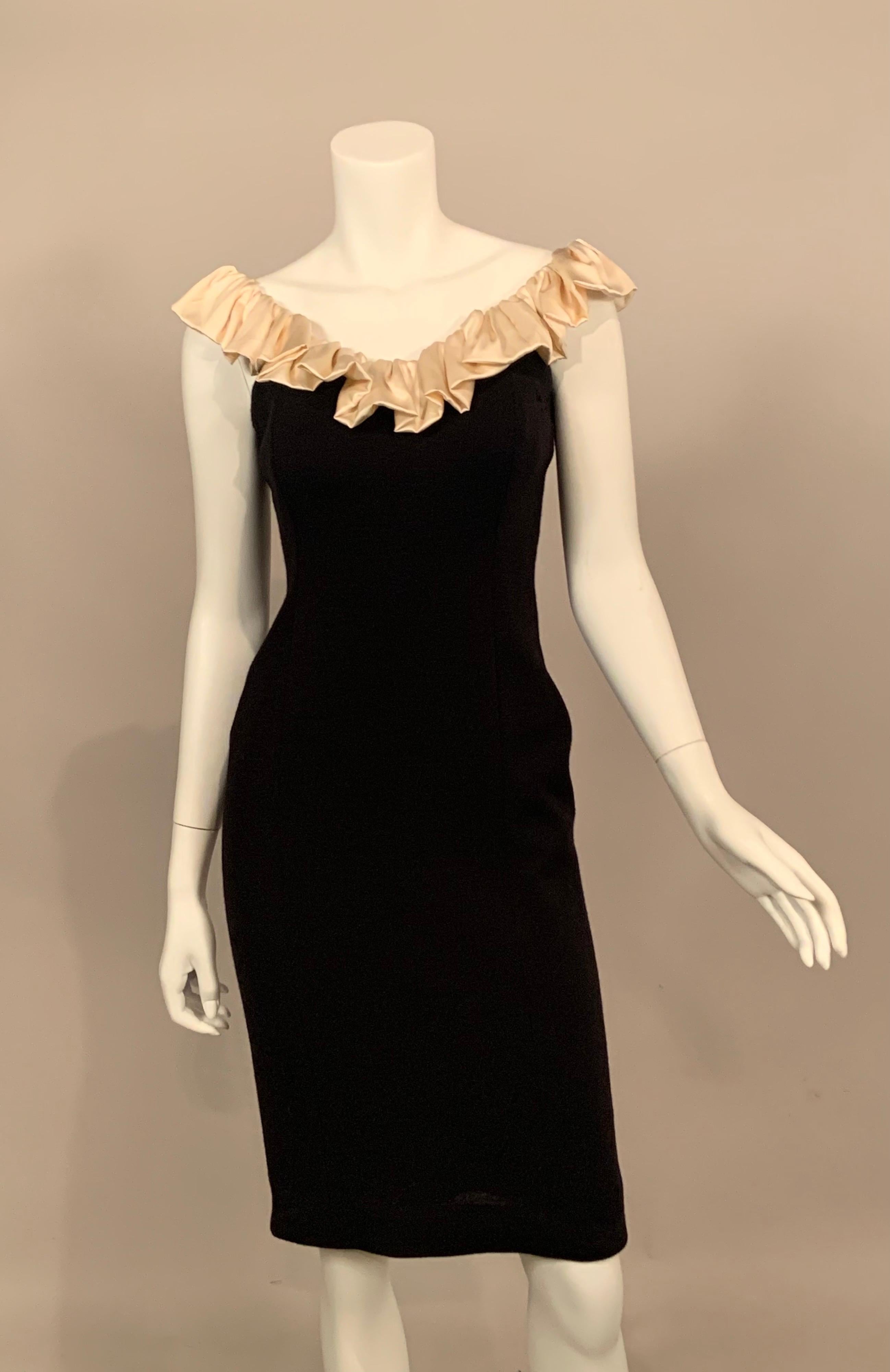 Black Wool Dress with Off the Shoulder Cream Satin Ruffled Neckline In Excellent Condition For Sale In New Hope, PA