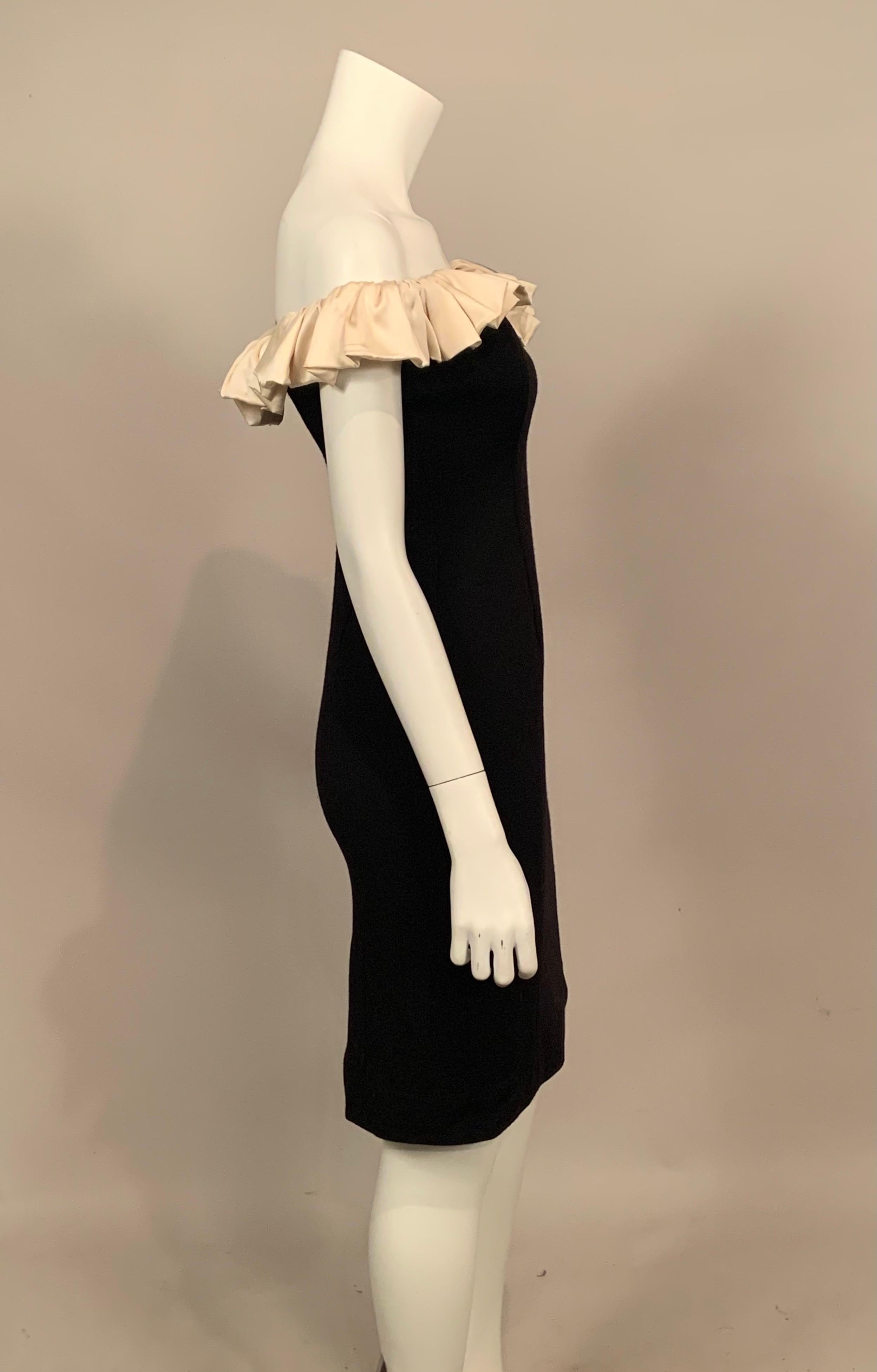 Black Wool Dress with Off the Shoulder Cream Satin Ruffled Neckline For Sale 1