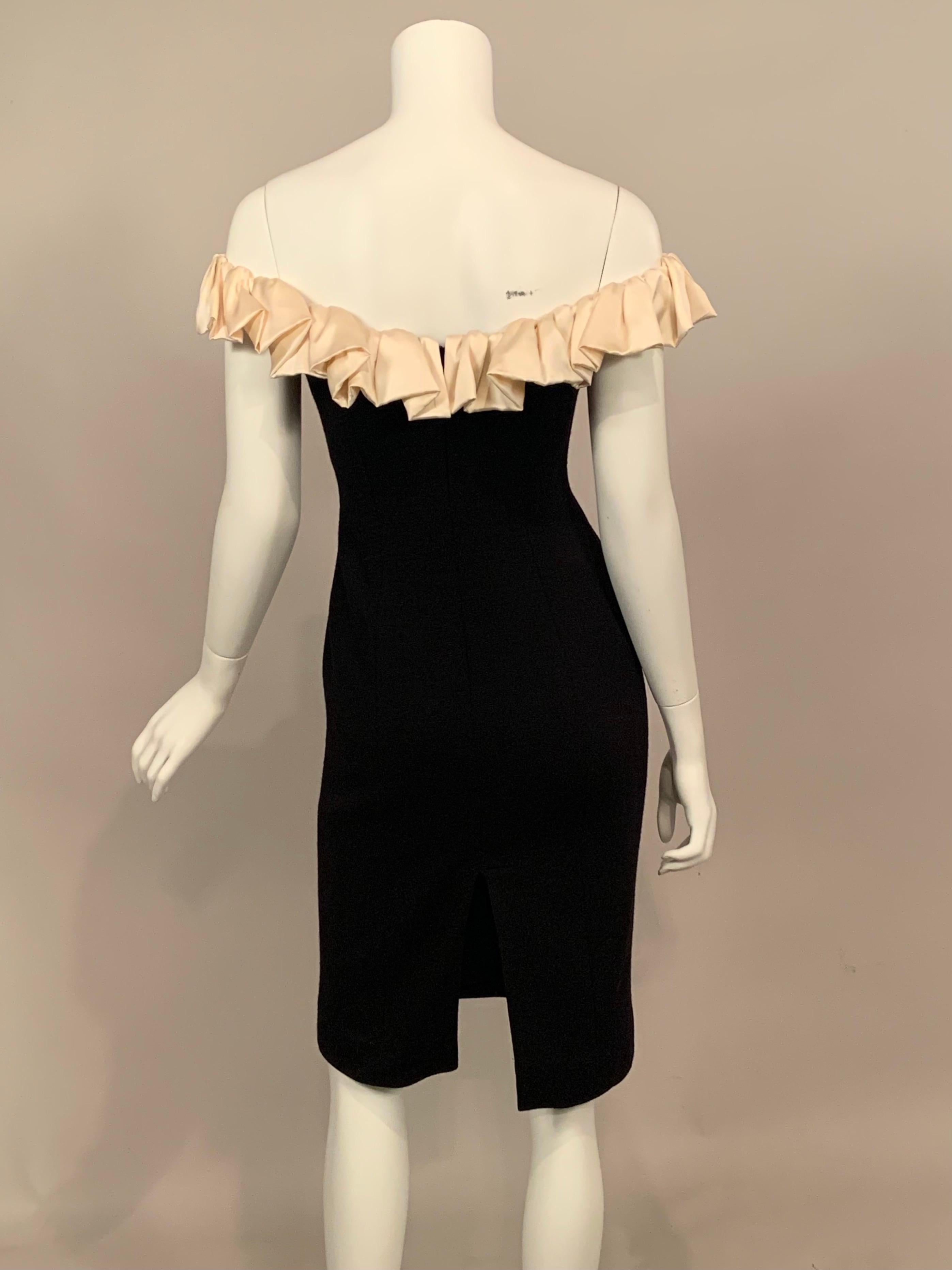 Black Wool Dress with Off the Shoulder Cream Satin Ruffled Neckline For Sale 2