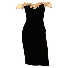 Black Wool Dress with Off the Shoulder Cream Satin Ruffled Neckline