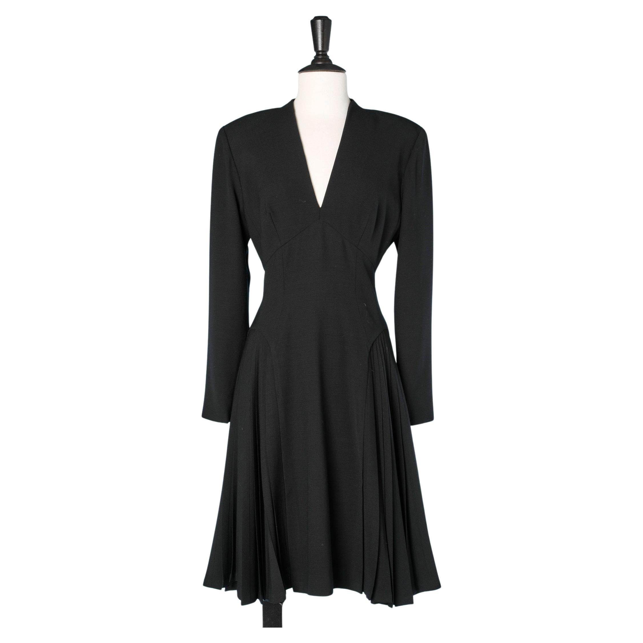 Black wool dress with pleats on the hips Jacques Fath  For Sale