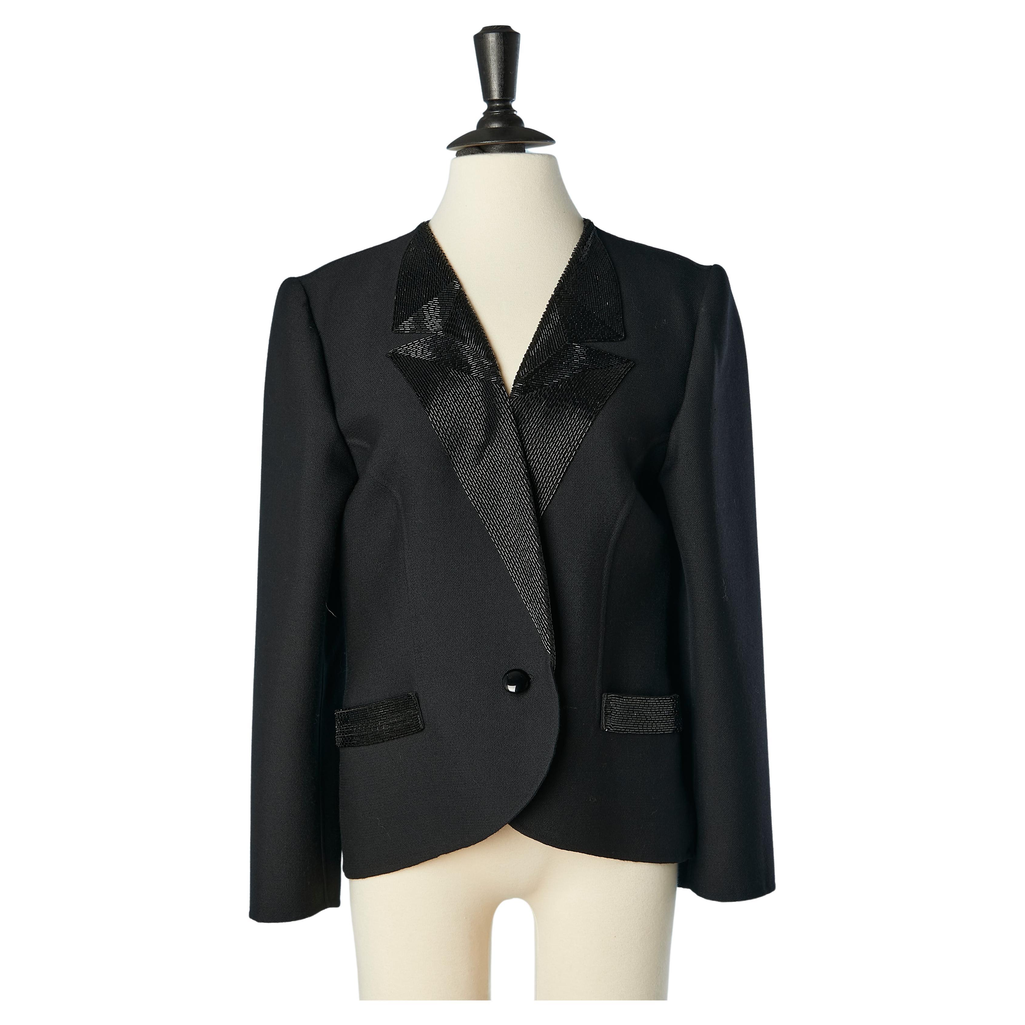 Black wool evening jacket with beaded collar and pockets Mila Schon  For Sale