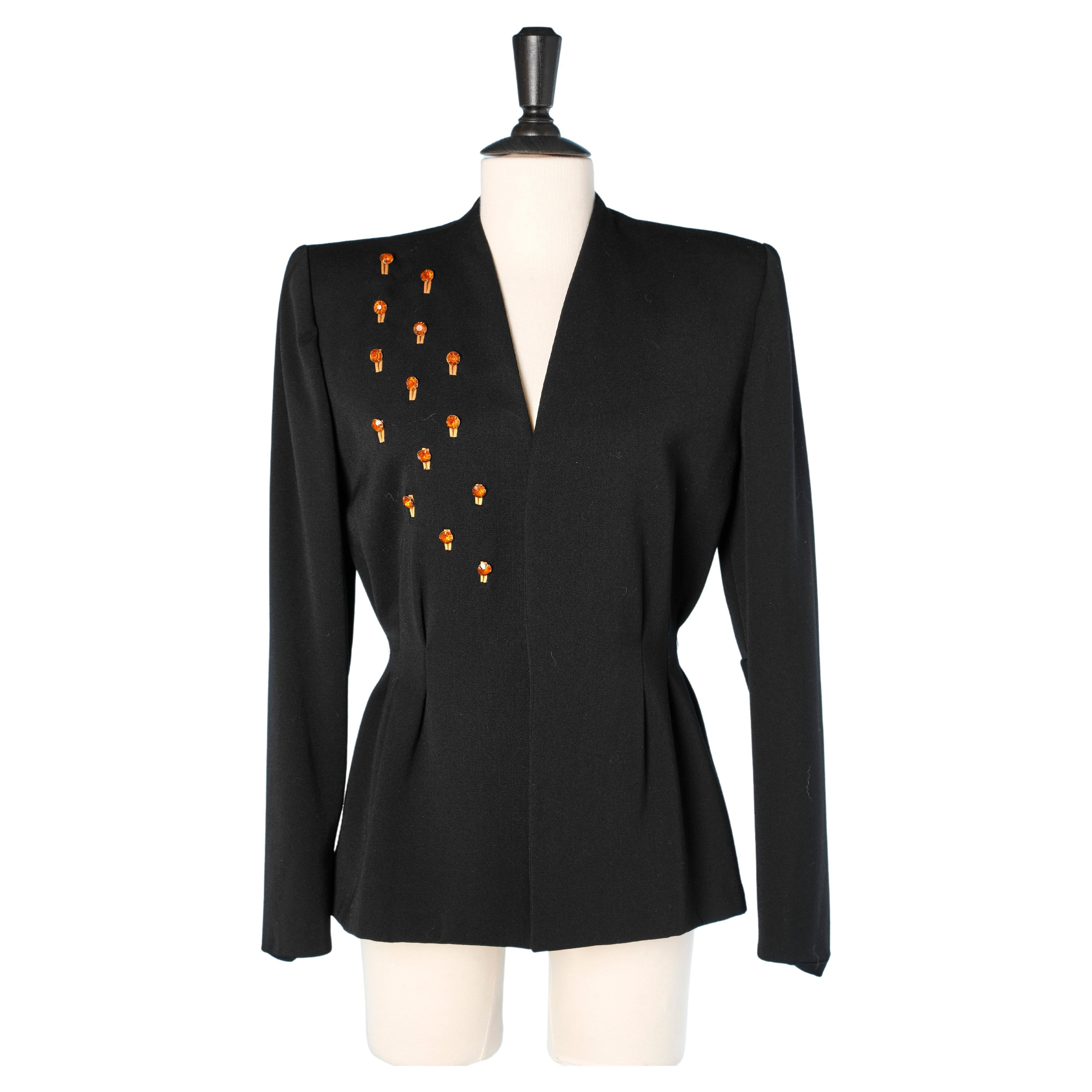 Black wool evening jacket with orange rhinestone embellishment Lili Ann  For Sale