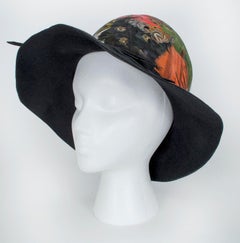 Black Wool Floppy Brim Bucket Hat w Multicolor Caged Feather Crown – M, 1970s