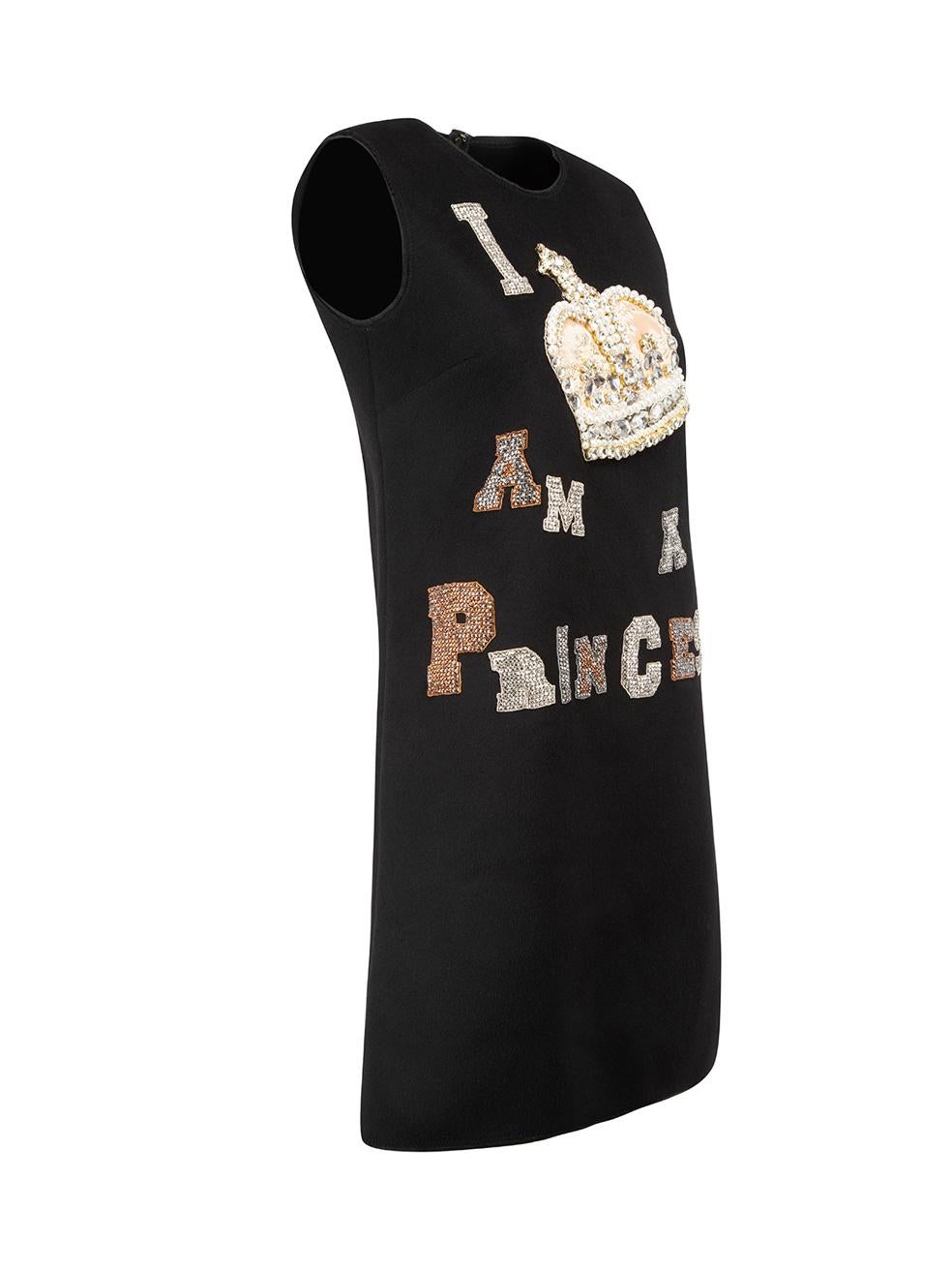 CONDITION is Never worn, with tags. No visible wear to dress is evident on this new Dolce & Gabbana designer resale item.



Details


Black

Wool

Shift mini dress

Loose fit

Sleeveless

'I AM A PRINCESS' crystal embellishment

Zip fastening on