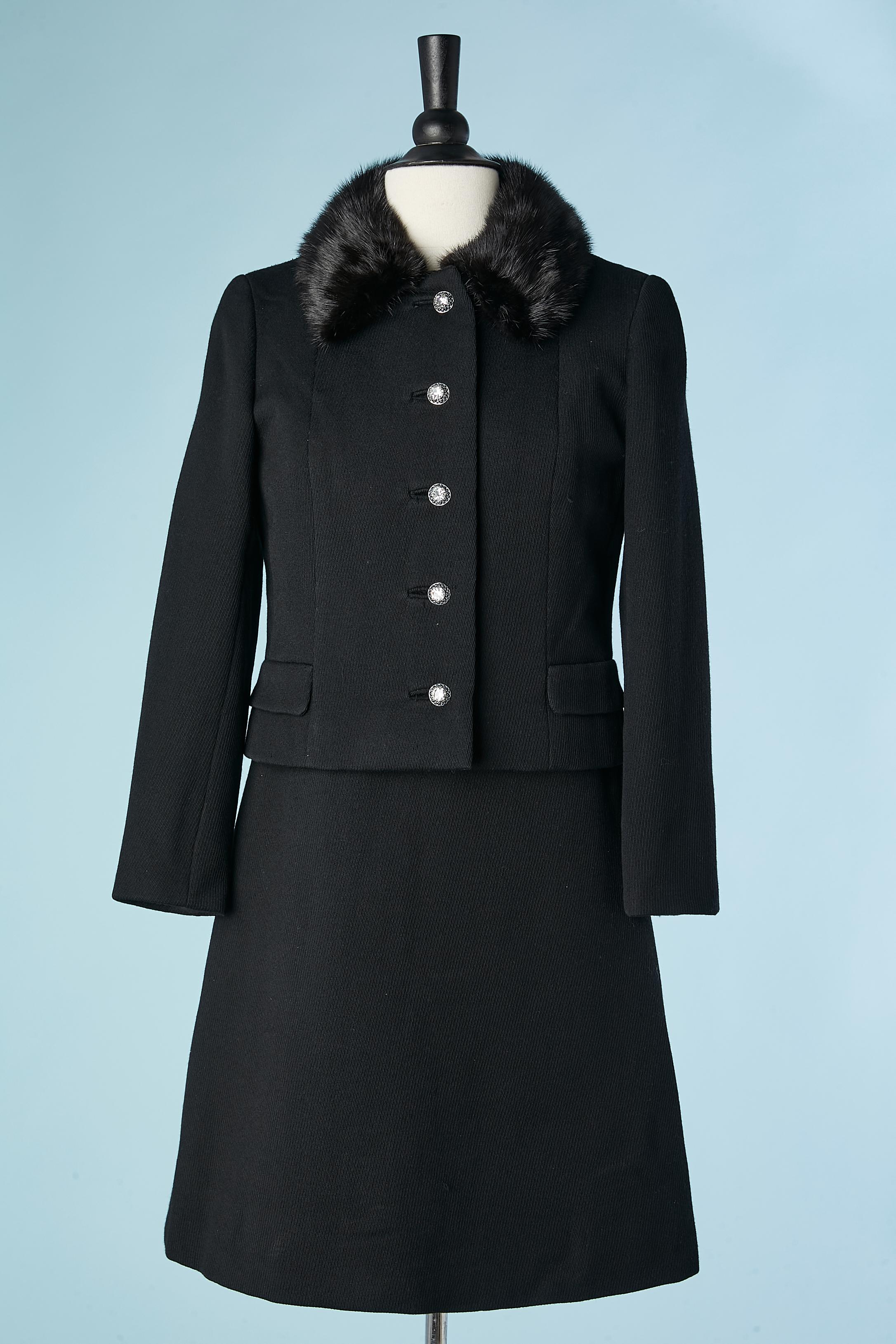 Black wool jacket with mink collar and dress cocktail ensemble. Embroidered collar and middle front on the dress. The jacket's pockets are fake. Zip on the left side. Black passementerie ribbon piping inside. 
SIZE S
