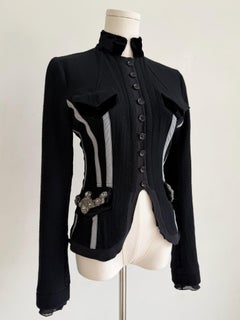 Black Wool Jacket with Grey Stripes & Crystal Pocket Accents