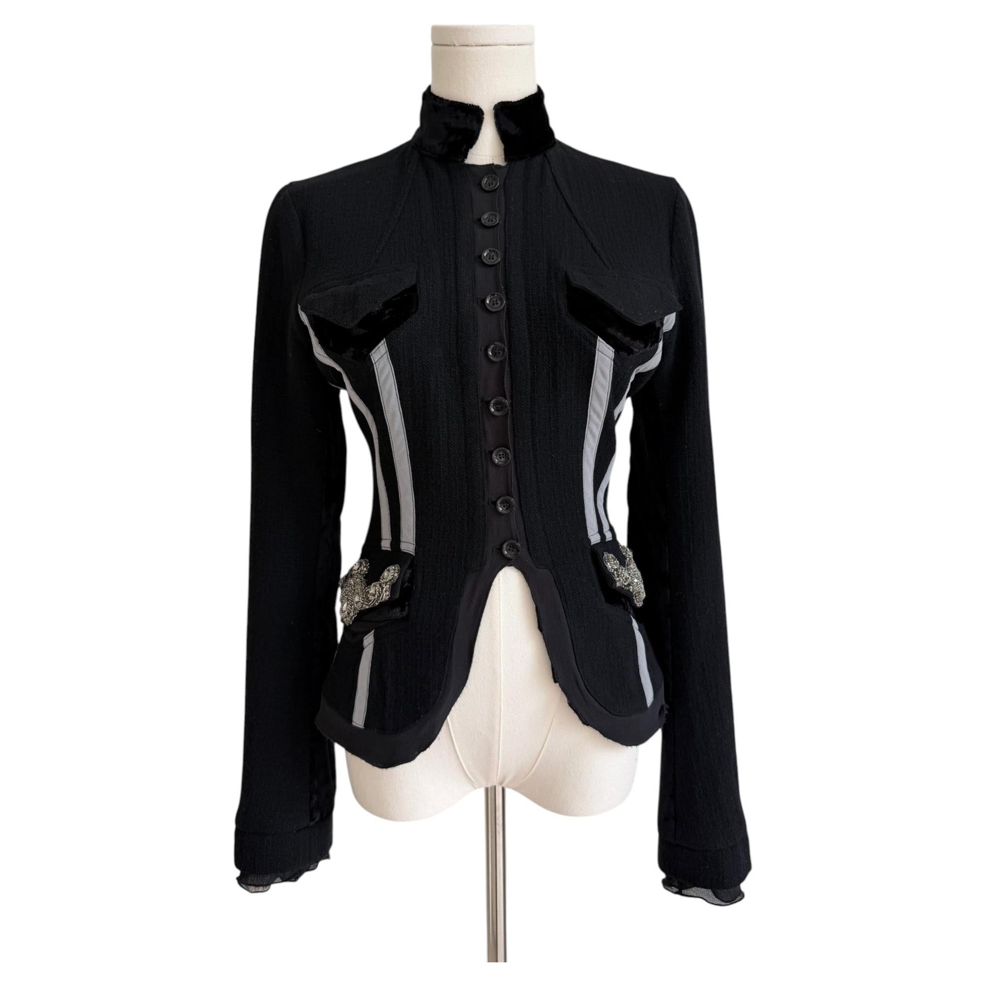 Black Wool Jacket with Grey Stripes & Crystal Pocket Accents