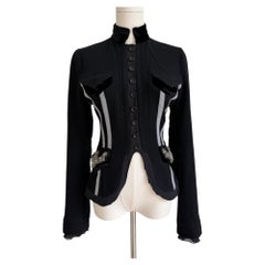 Black Wool Jacket with Grey Stripes & Crystal Pocket Accents