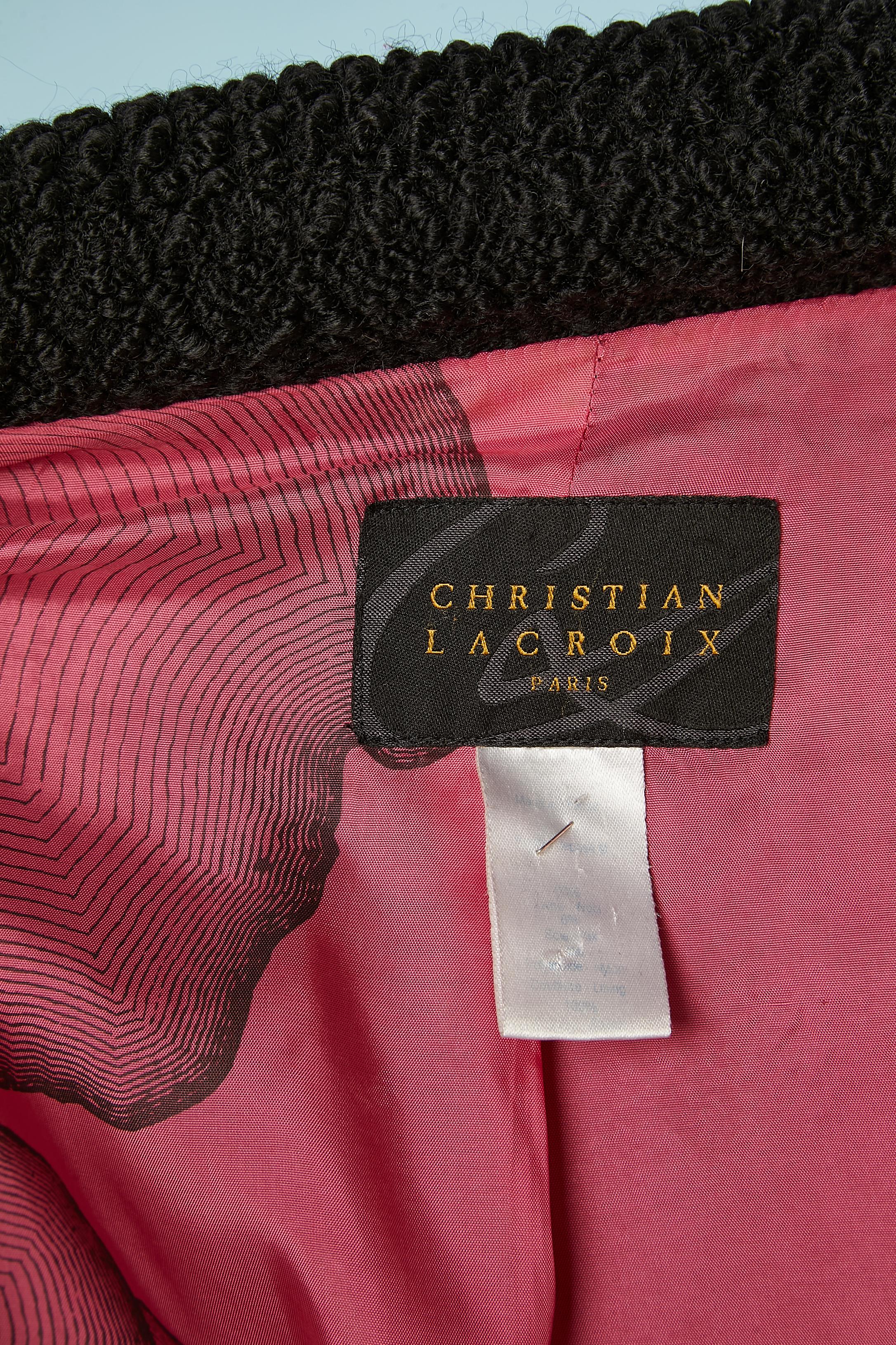 Christian Lacroix Paris - Manteau en jacquard de laine noir avec doublure imprimée rose  en vente 2