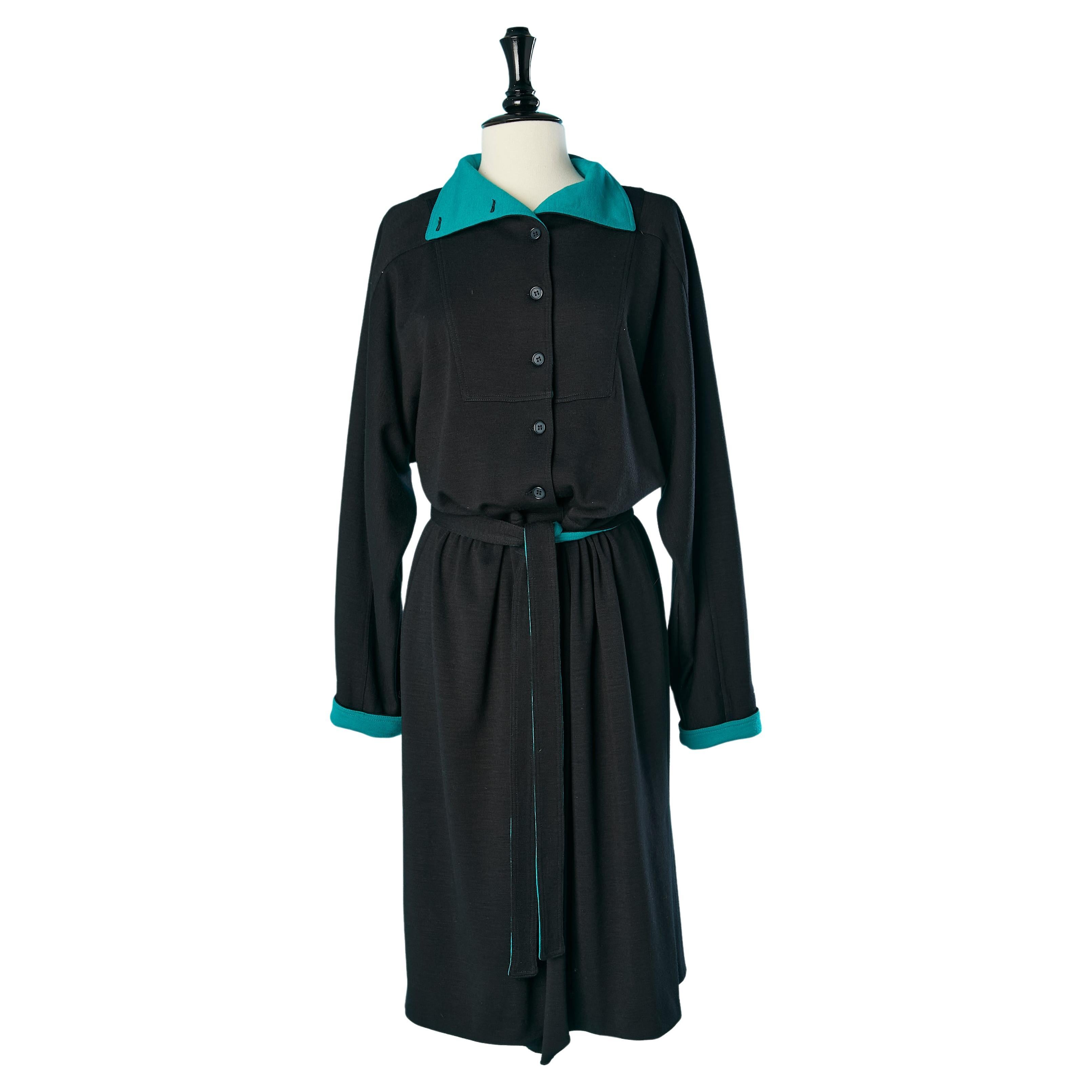 Black wool jersey dress with green details  Christian Dior Coordonnés Circa 1980 For Sale