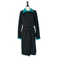 Schwarzes Kleid aus Wolljersey mit grünen Details  Christian Dior Coordonnés CIRCA 1980