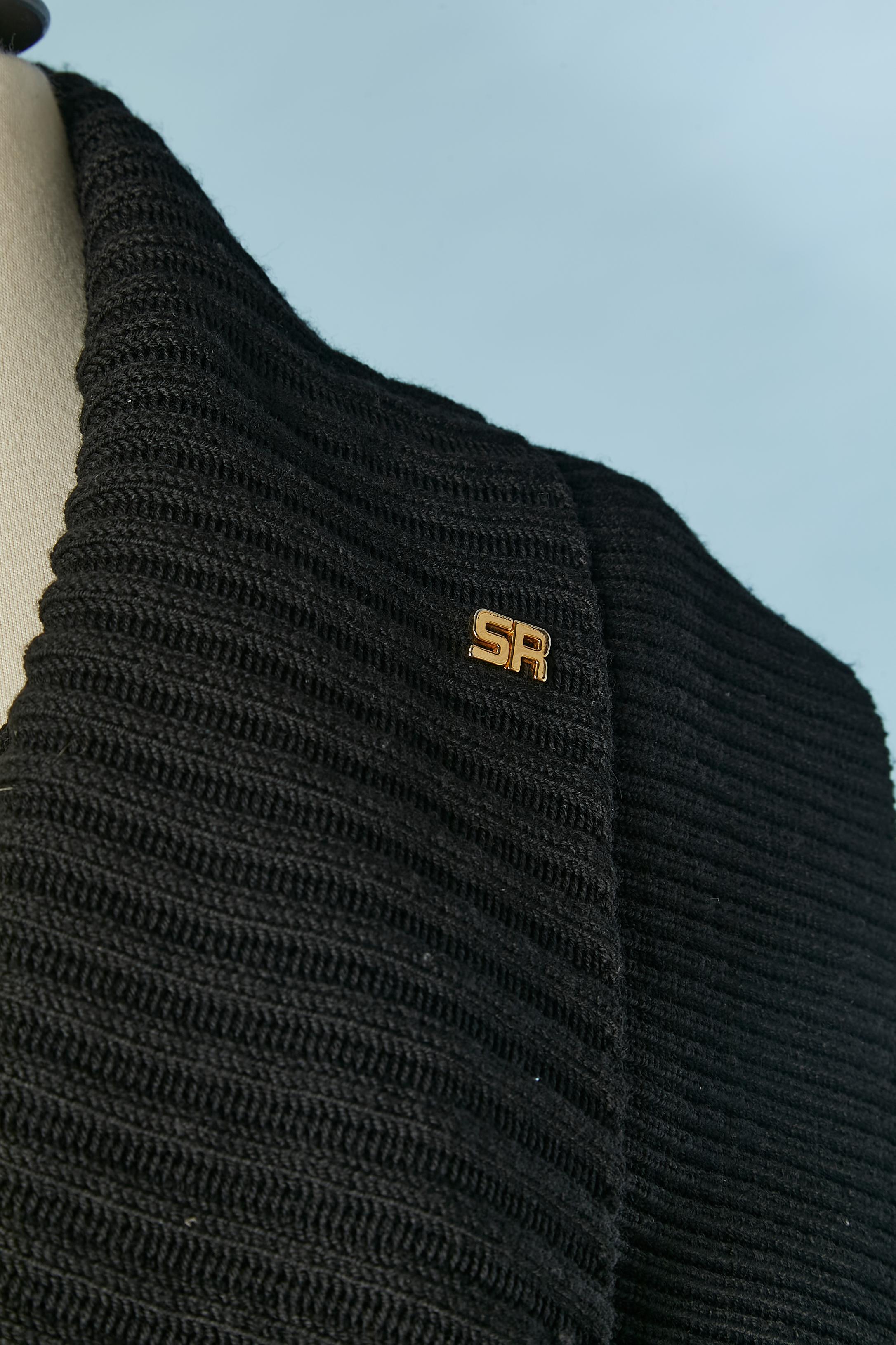 Black wool knit coat with belt and double collar Sonia Rykiel  In Excellent Condition For Sale In Saint-Ouen-Sur-Seine, FR