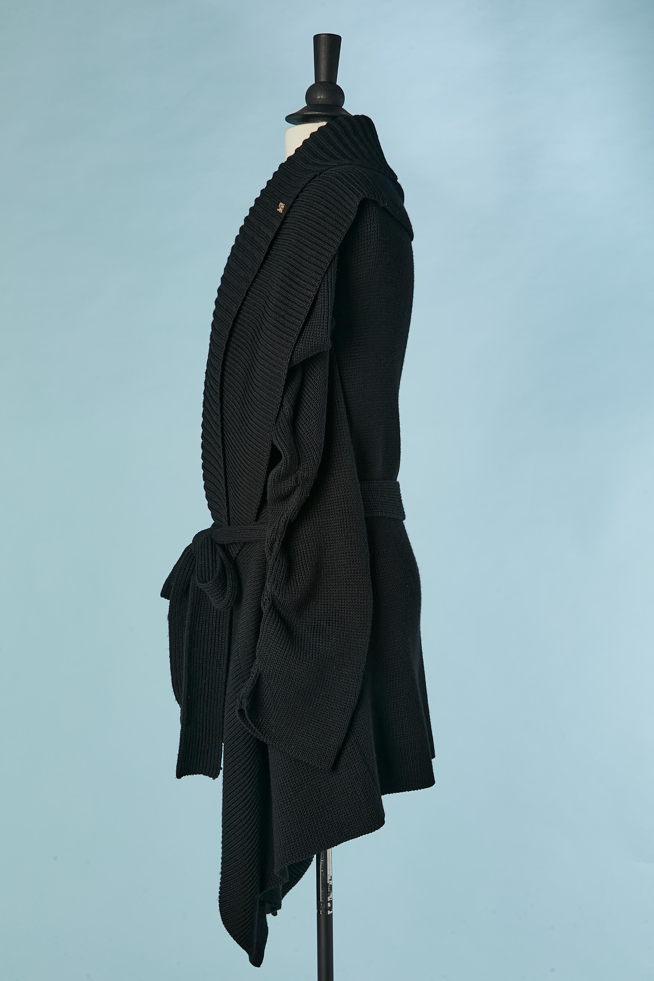 Manteau en maille de laine noire avec ceinture et double col Sonia Rykiel  en vente 3