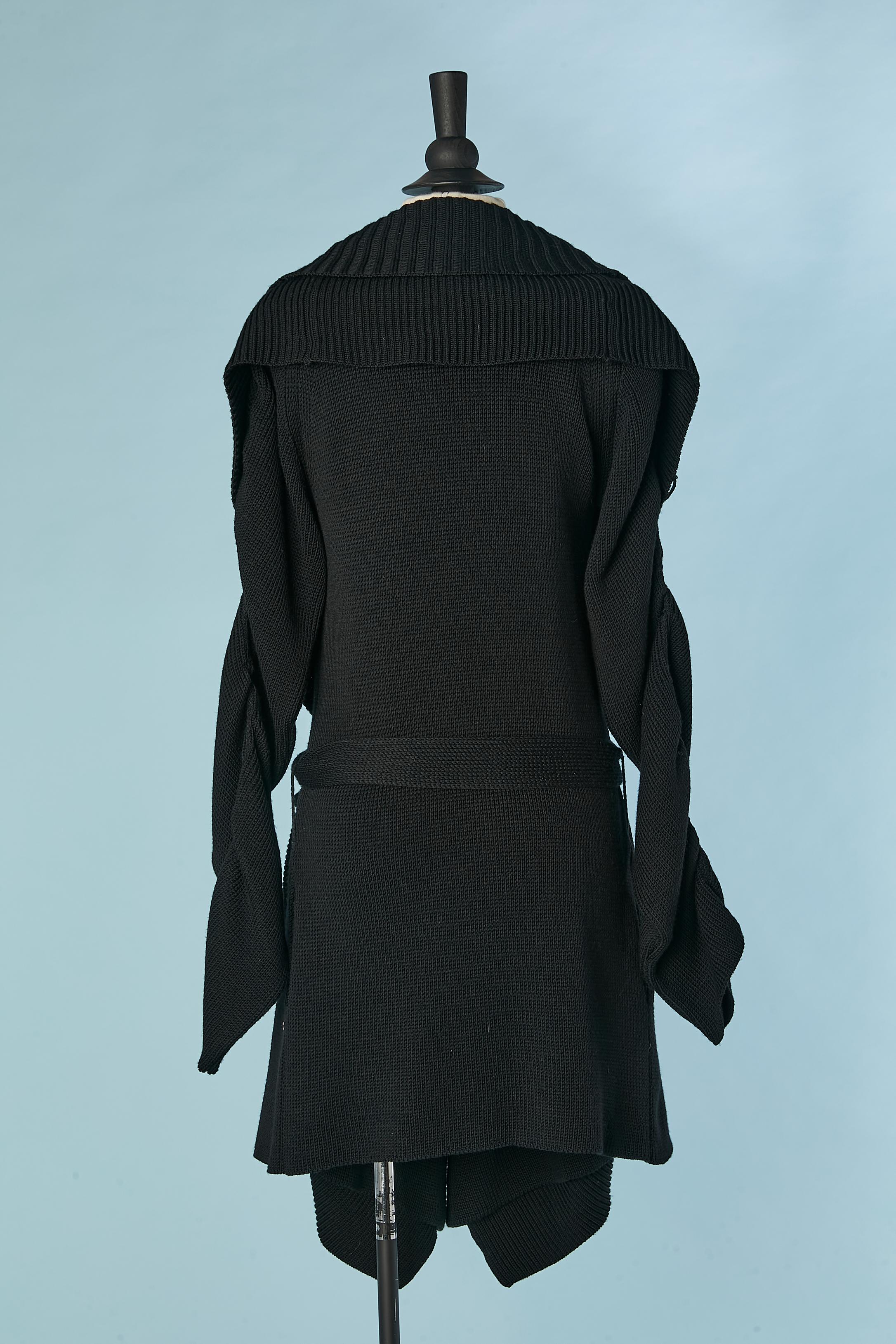 Manteau en maille de laine noire avec ceinture et double col Sonia Rykiel  en vente 4