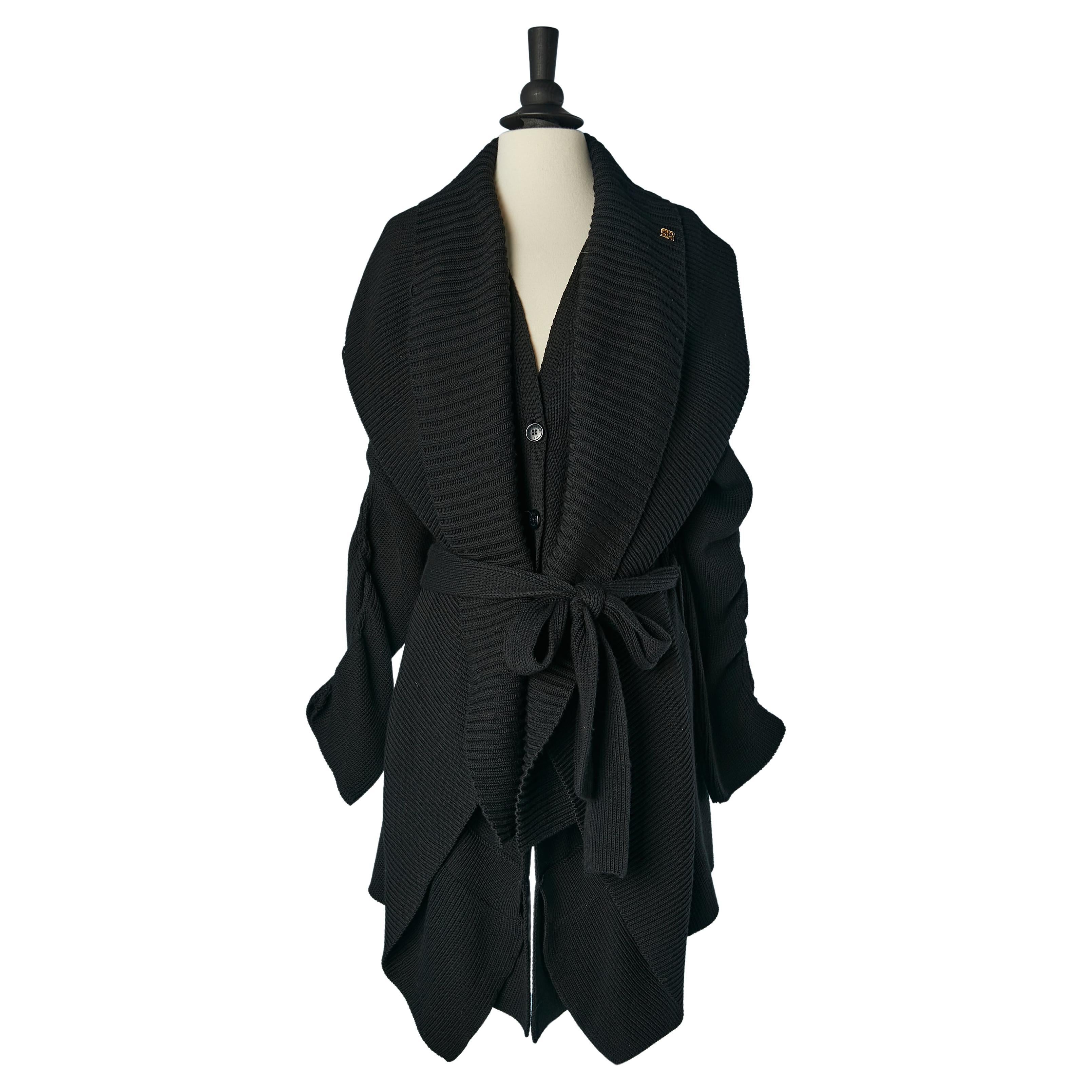 Black wool knit coat with belt and double collar Sonia Rykiel  For Sale