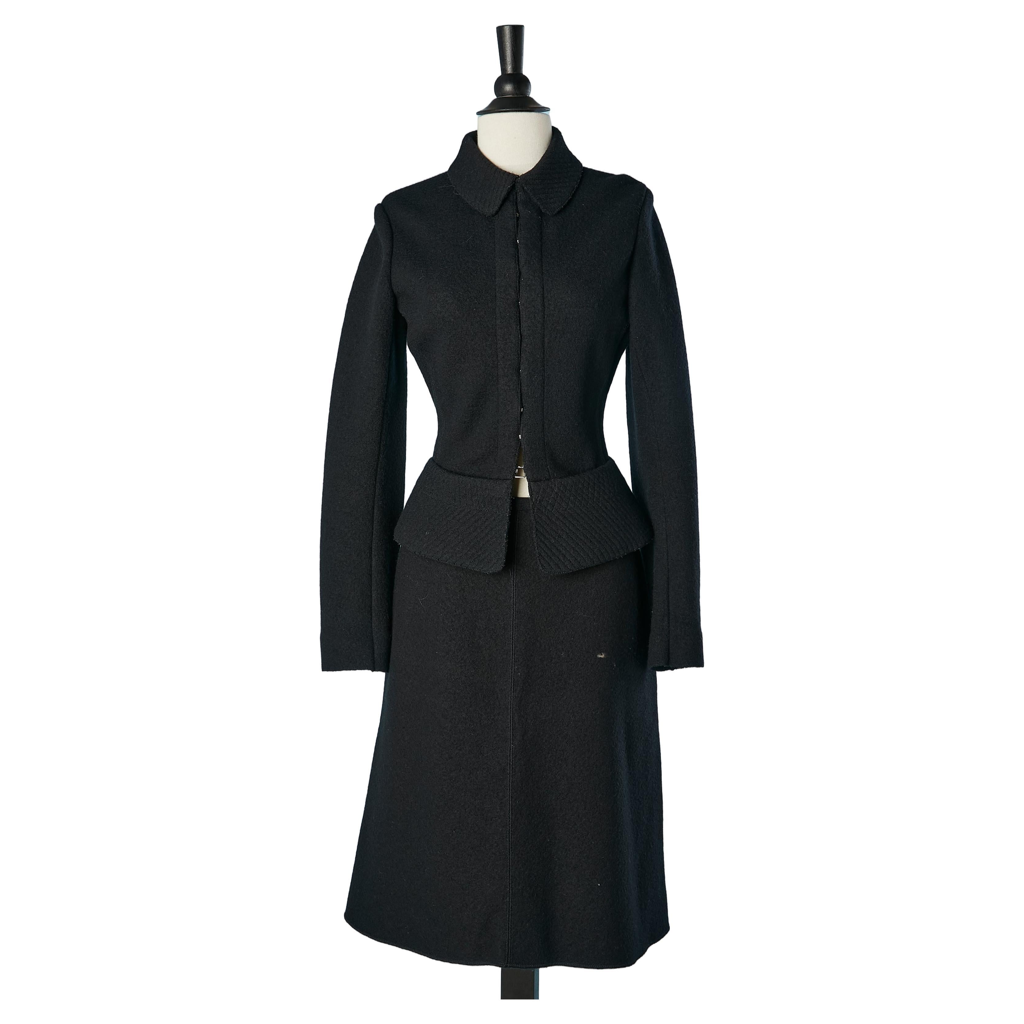 Black wool knit skirt-suit with edge to edge jacket AlaÏa 