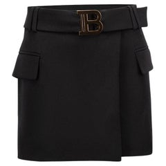 Black Wool Low-Rise Belted Logo Mini Skirt Size L