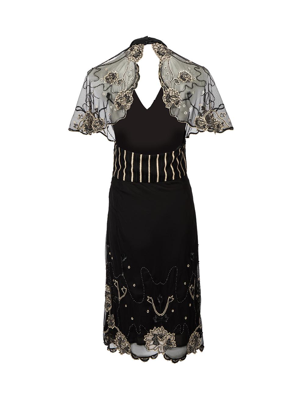 Black Floral Embellished Halterneck Knee Length Dress Size M In Good Condition For Sale In London, GB