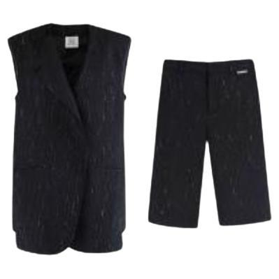 Black wool pinstripe raw edge jacket & shorts For Sale