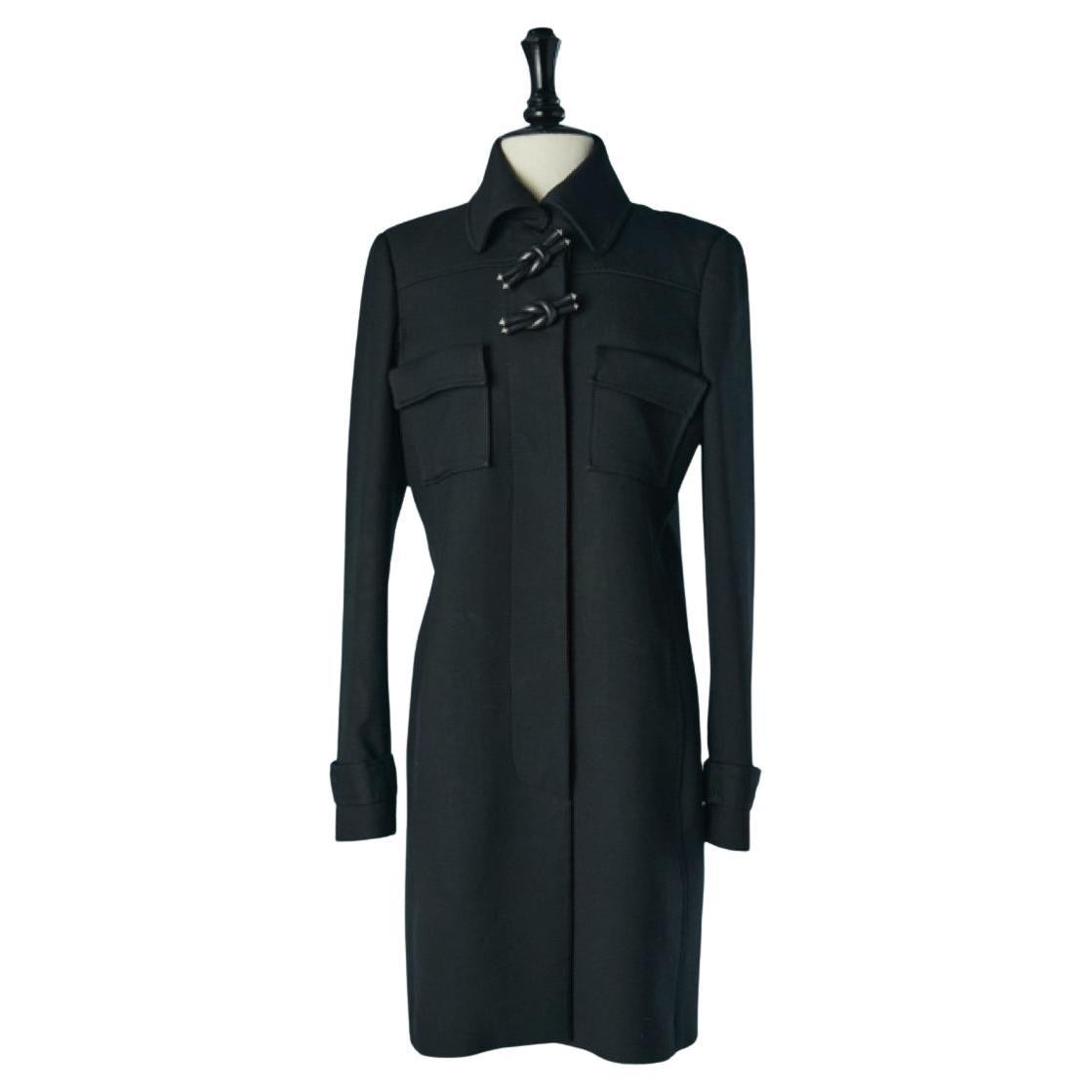 Manteau croisé en laine noire avec nœud en cuir BALENCIAGA en vente