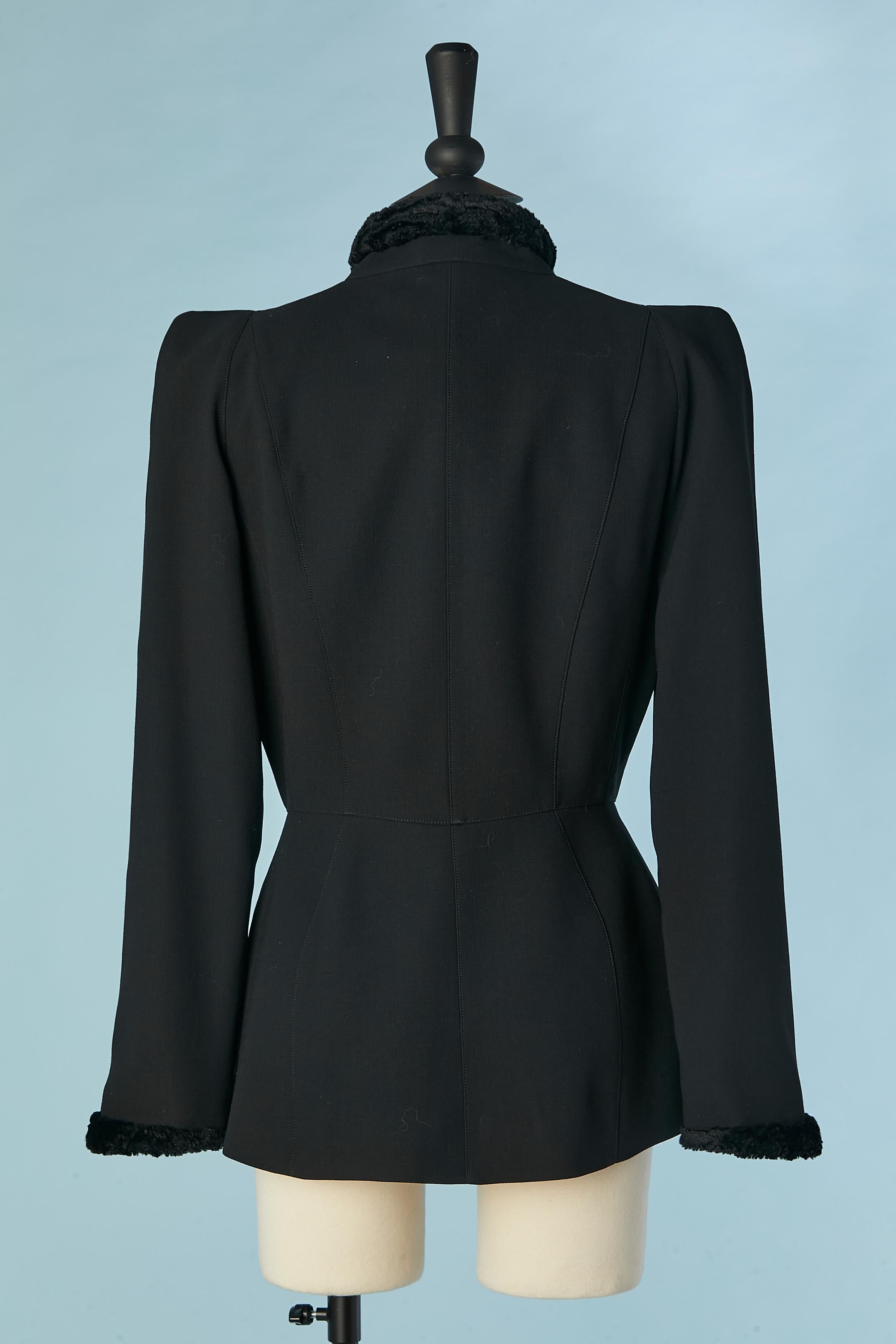 Black wool single breasted jacket with faux-astrakan edge Thierry Mugler  For Sale 2