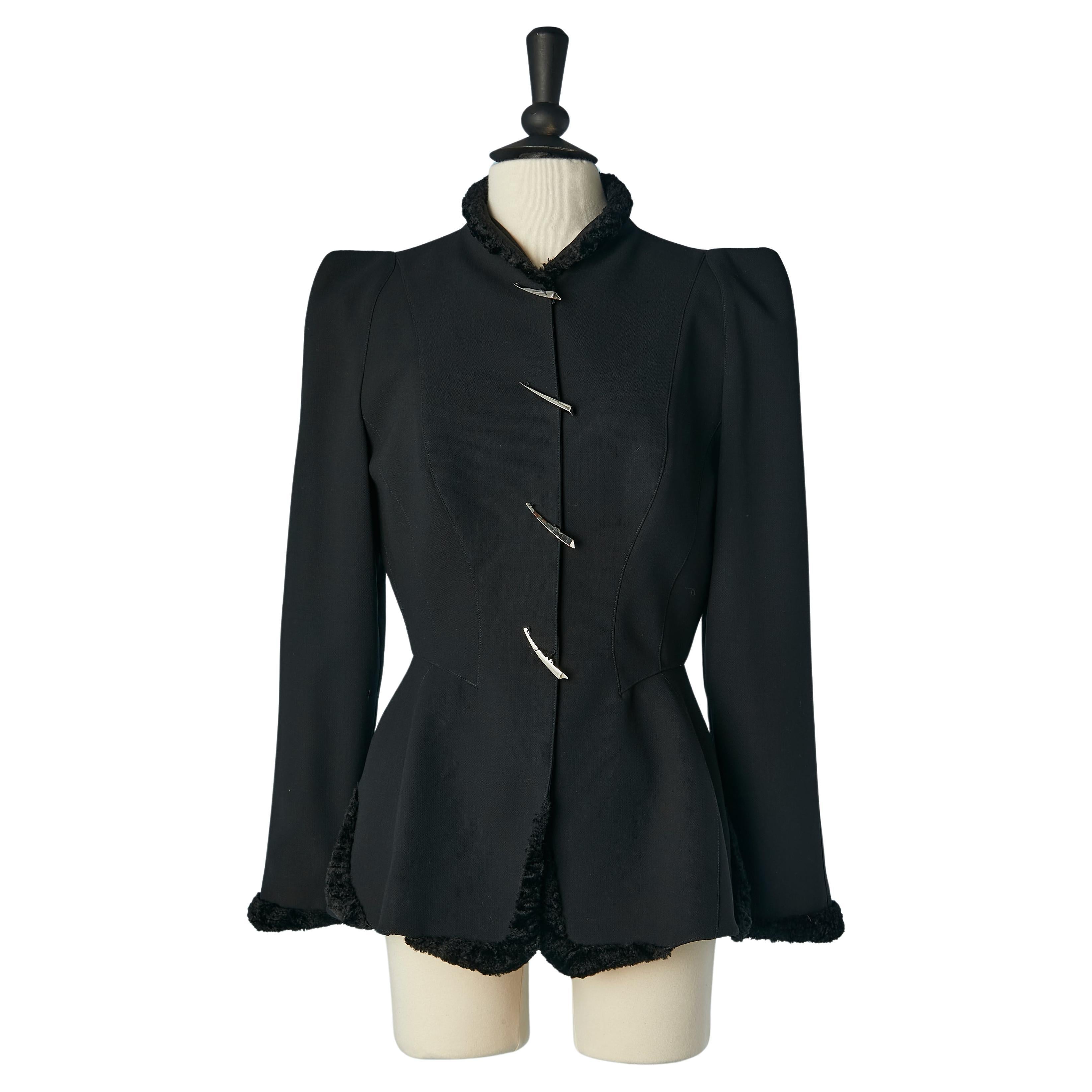 Black wool single breasted jacket with faux-astrakan edge Thierry Mugler  For Sale