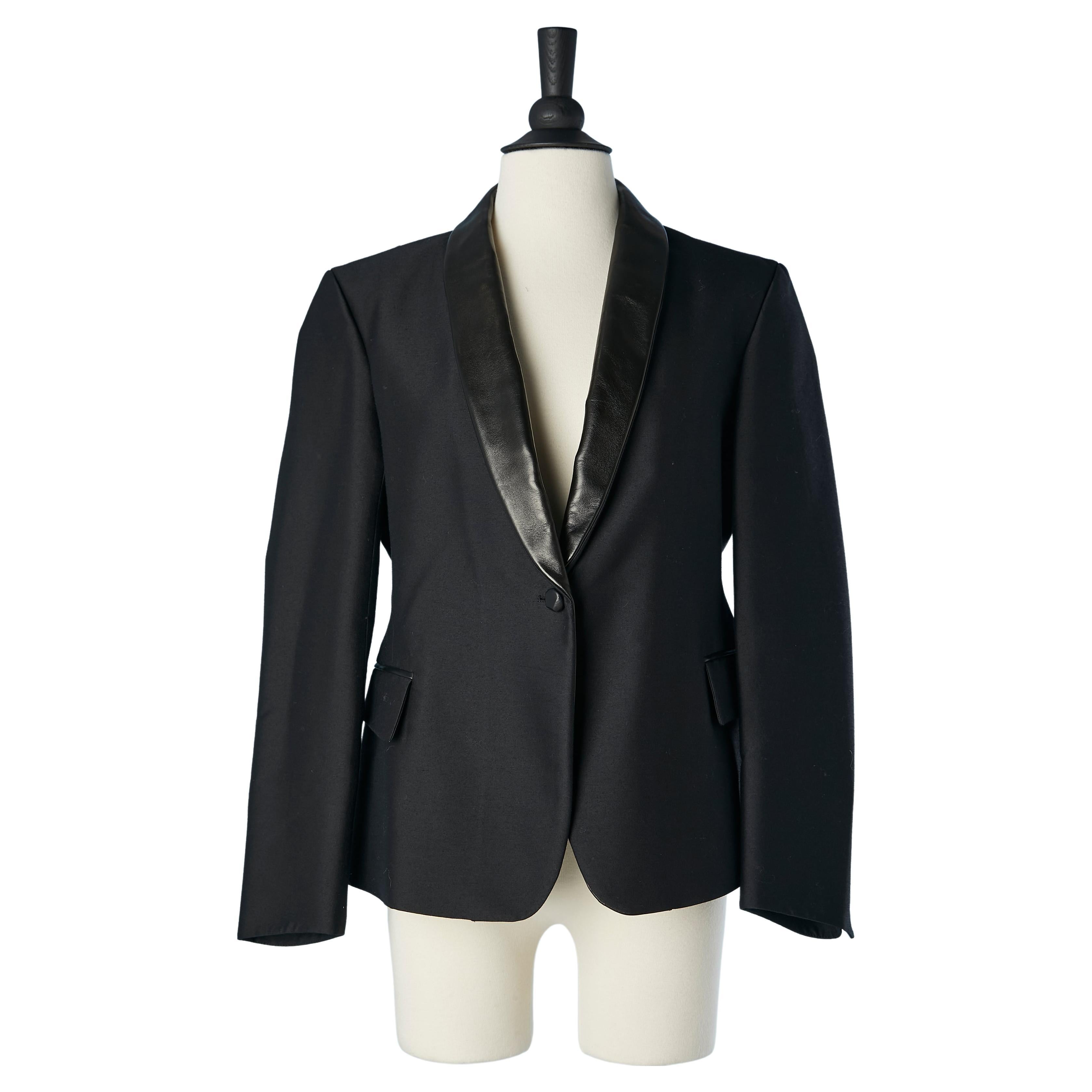 Black wool single-breasted tuxedo with black leather collar Yves Saint Laurent 