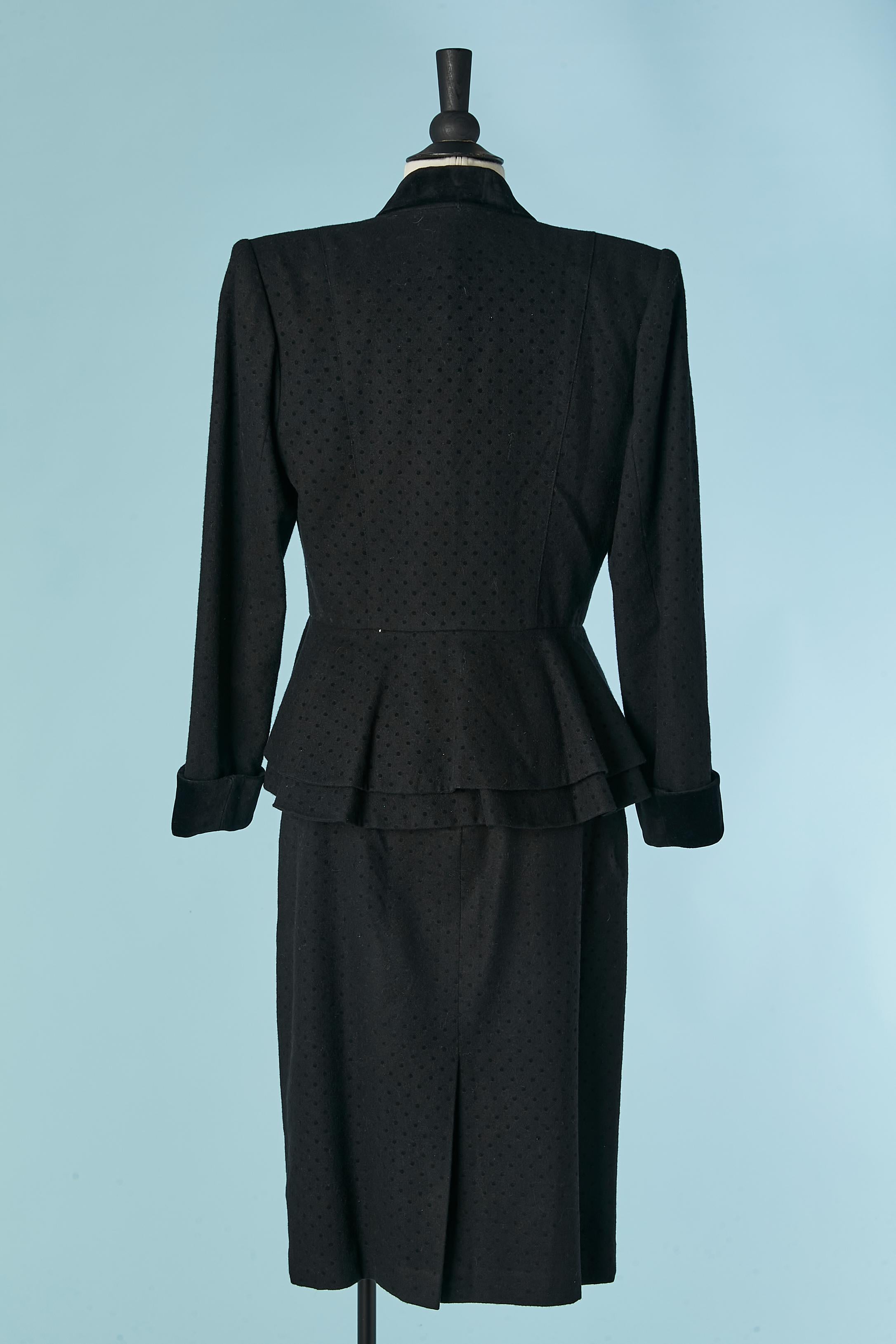 Black wool skirt suit with polka dots pattern and velvet collar and cuffs KASPER For Sale 3