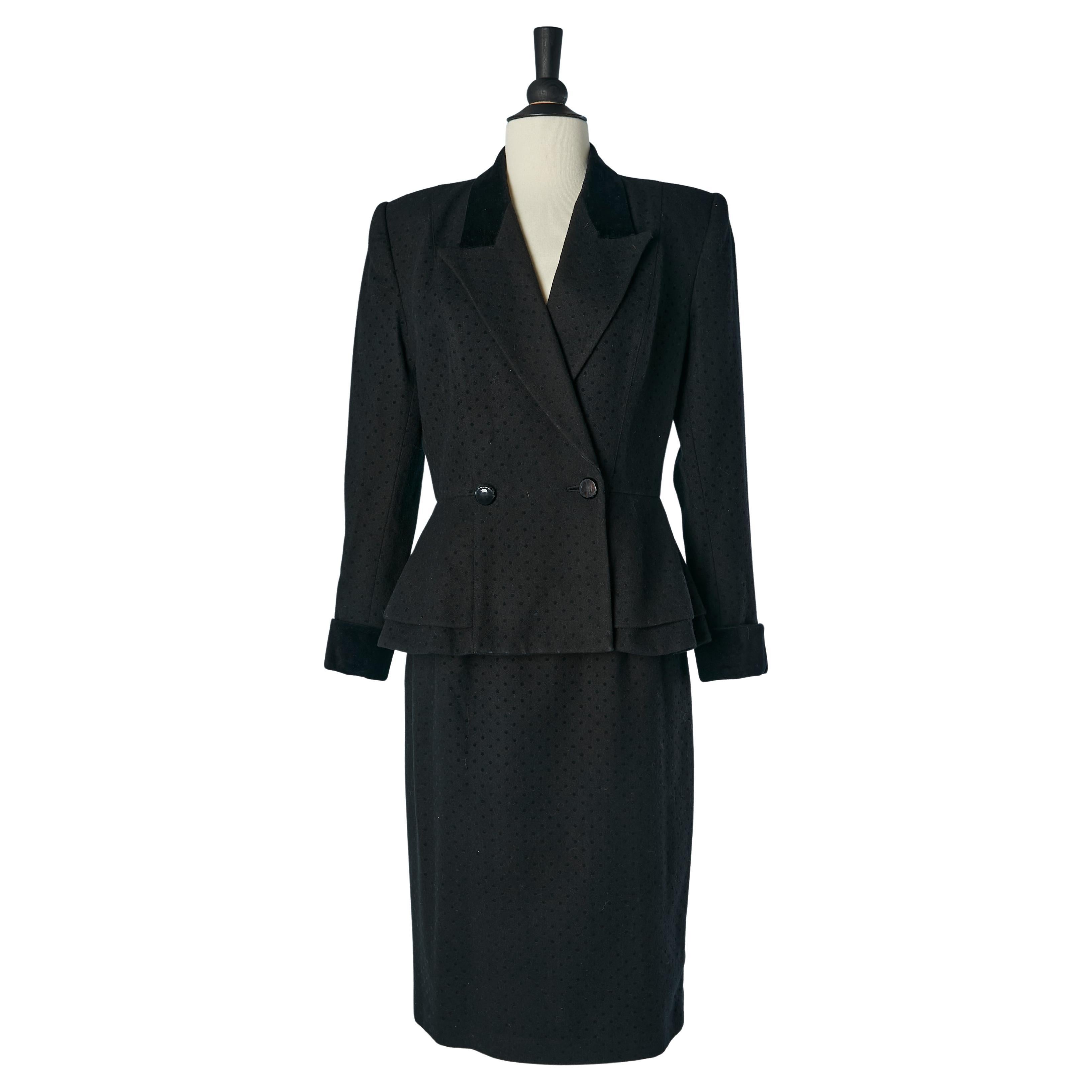 Black wool skirt suit with polka dots pattern and velvet collar and cuffs KASPER For Sale