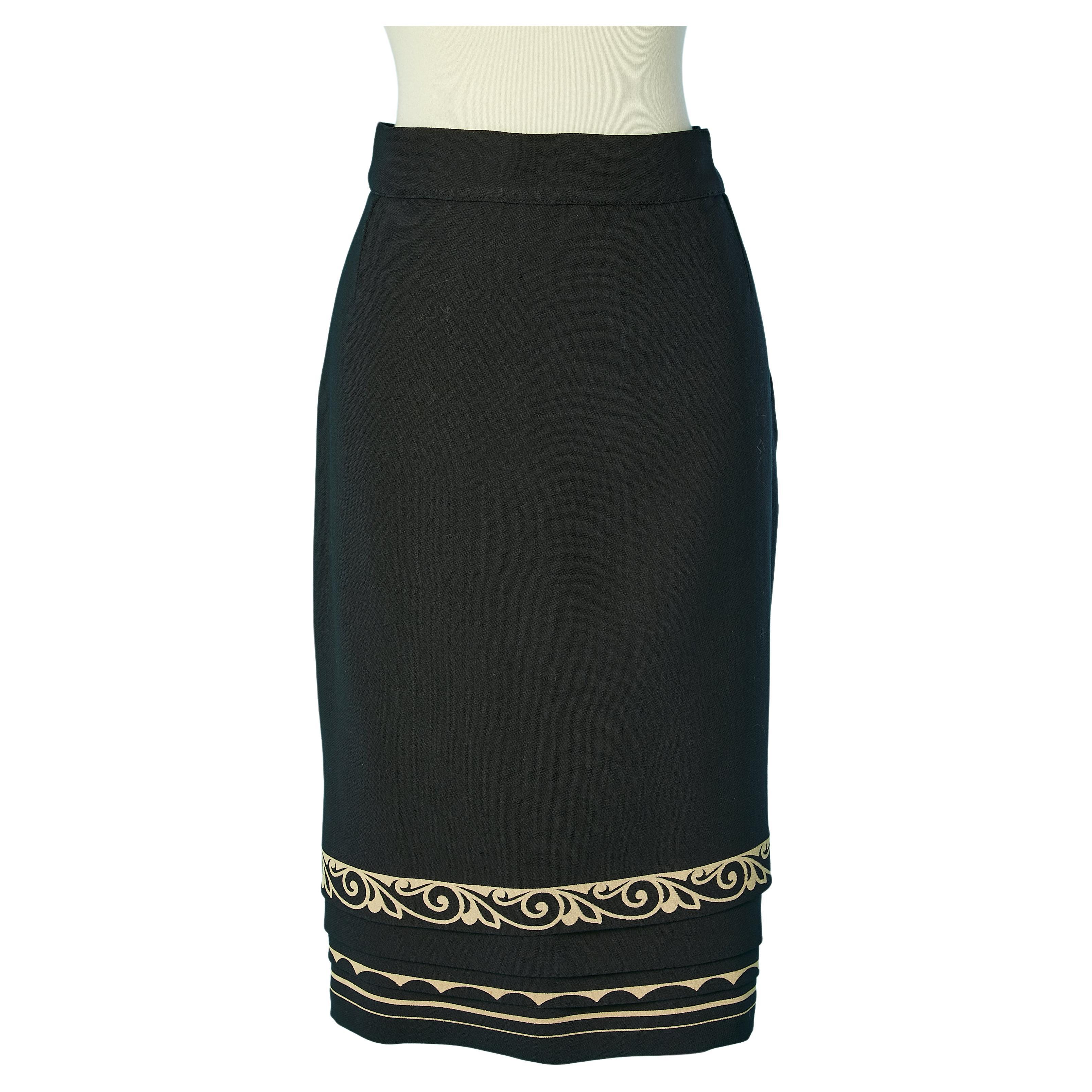 Black wool straight skirt with graphic bottom edge Gianni Versace  For Sale
