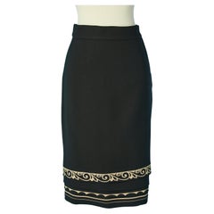 Vintage Black wool straight skirt with graphic bottom edge Gianni Versace 
