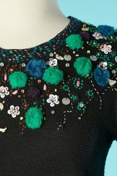 Pull en laine noire avec perles, paillettes et pompons Christian Lacroix Bazar