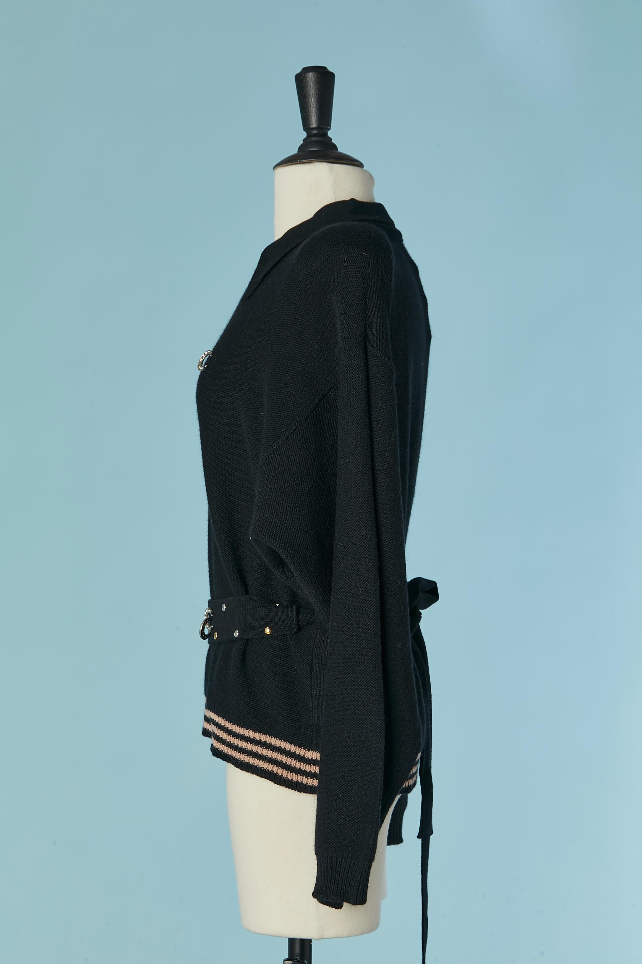 Black wool sweater with rhinestone, studs and metal rings Sonia Rykiel For Sale 2