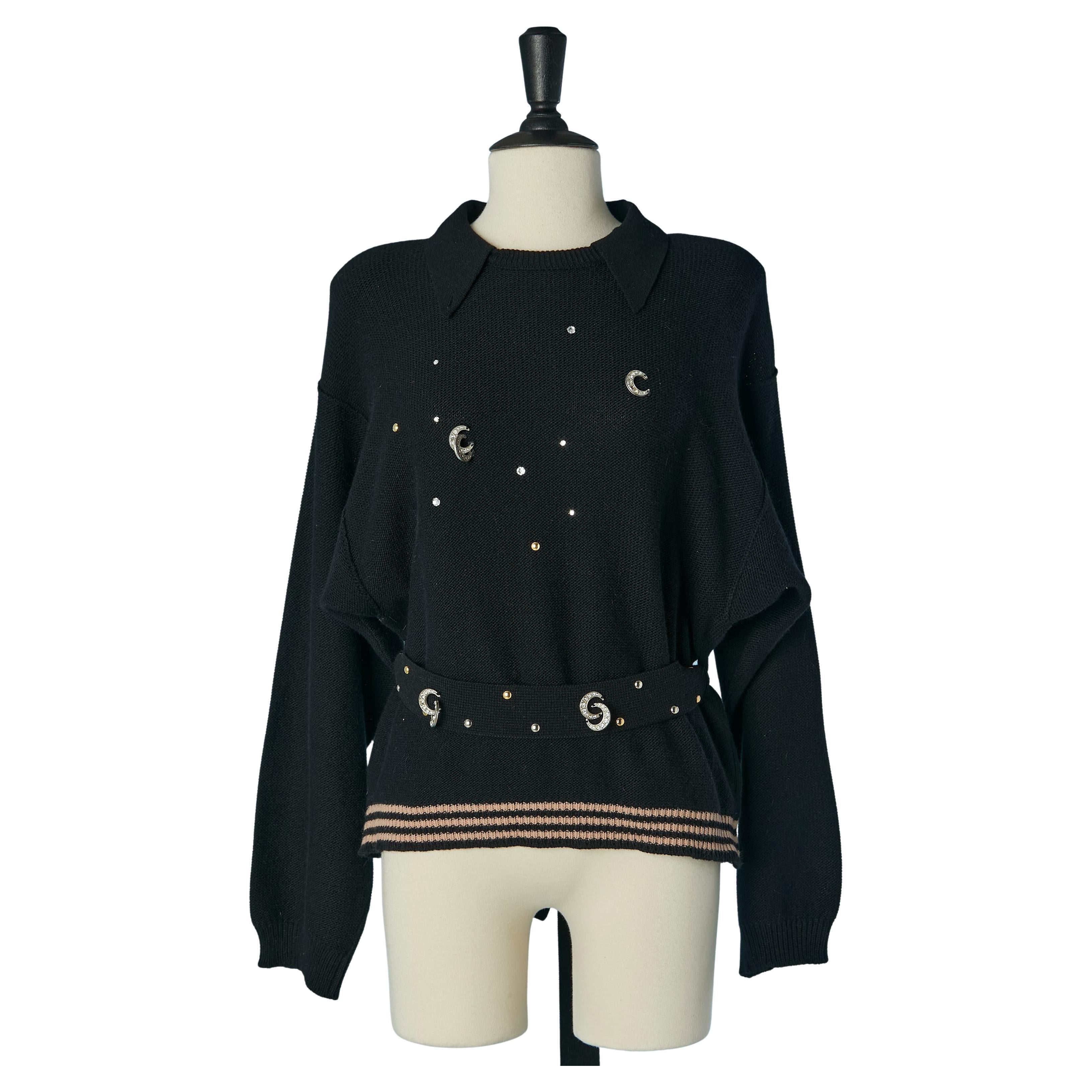 Black wool sweater with rhinestone, studs and metal rings Sonia Rykiel For Sale