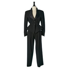 Black wool Tuxedo trouser-suit  with black satin-silk collar Thierry Mugler 